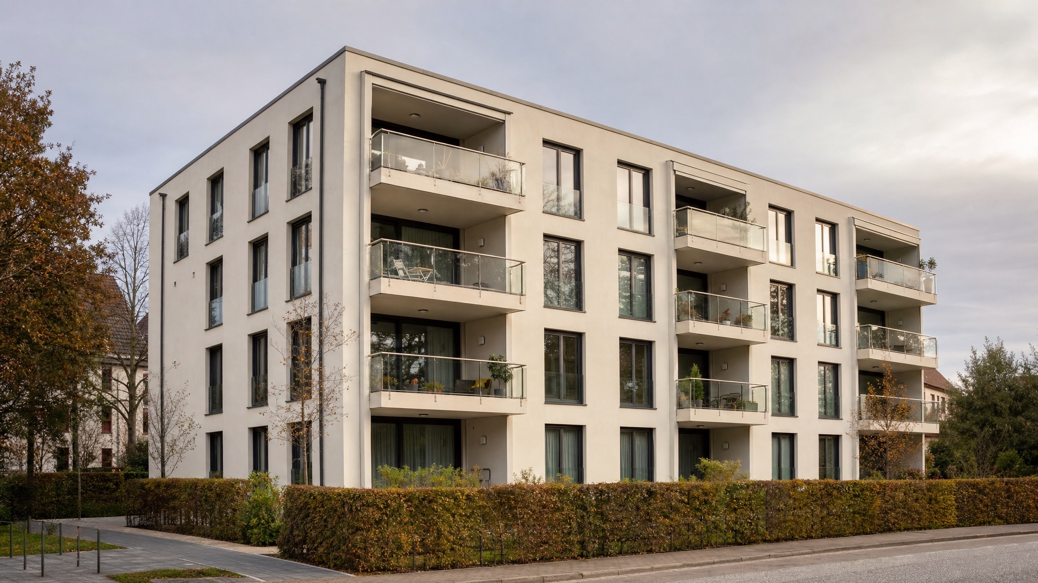 Modernes Mehrfamilienhaus mit heller Putzfassade, Balkonen und Vorgarten am Morgen (KI-generierte Illustration)