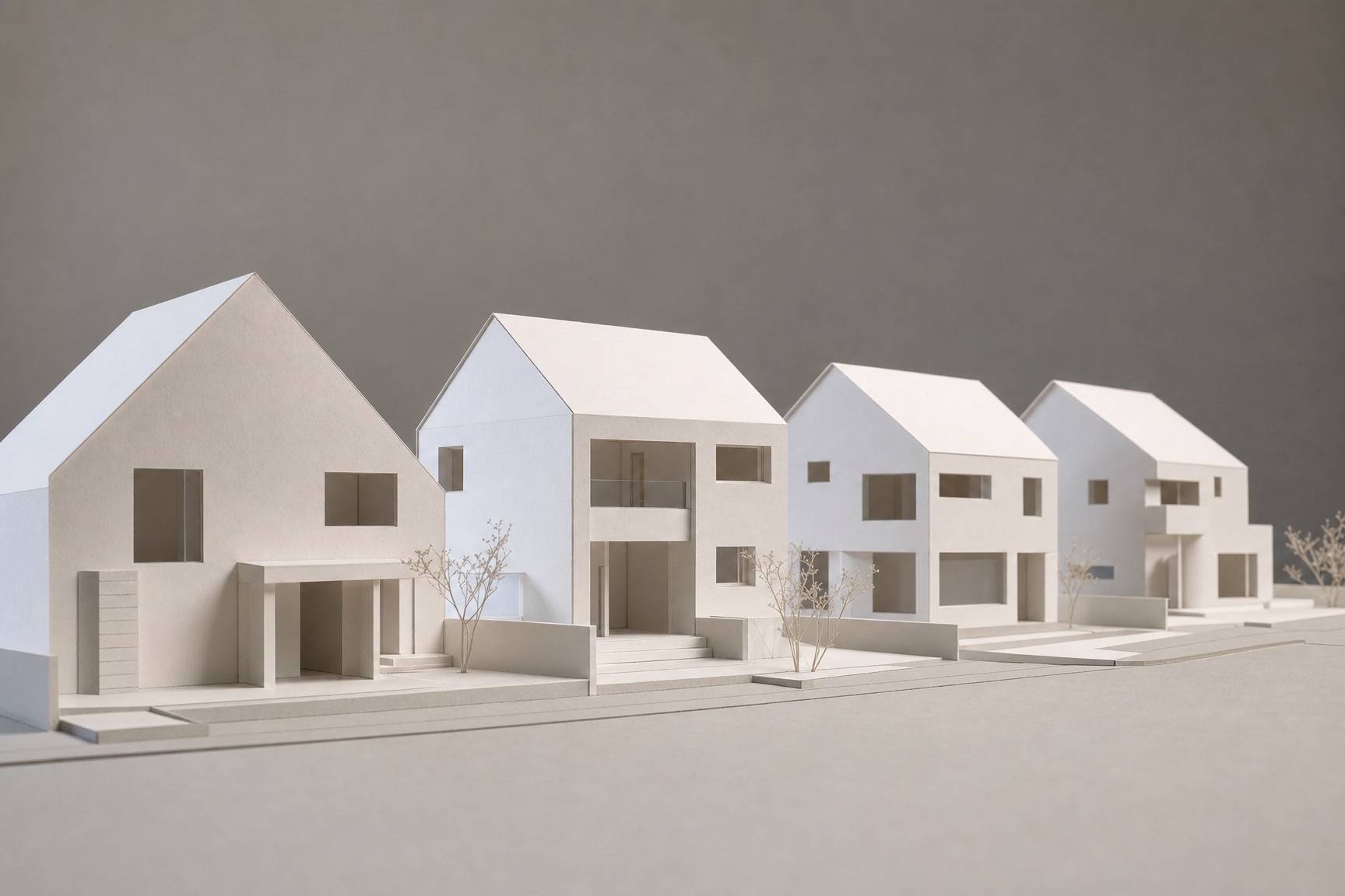 Weiße Architekturmodelle mehrerer Wohnhäuser an einer Modellstraße (KI-Render)