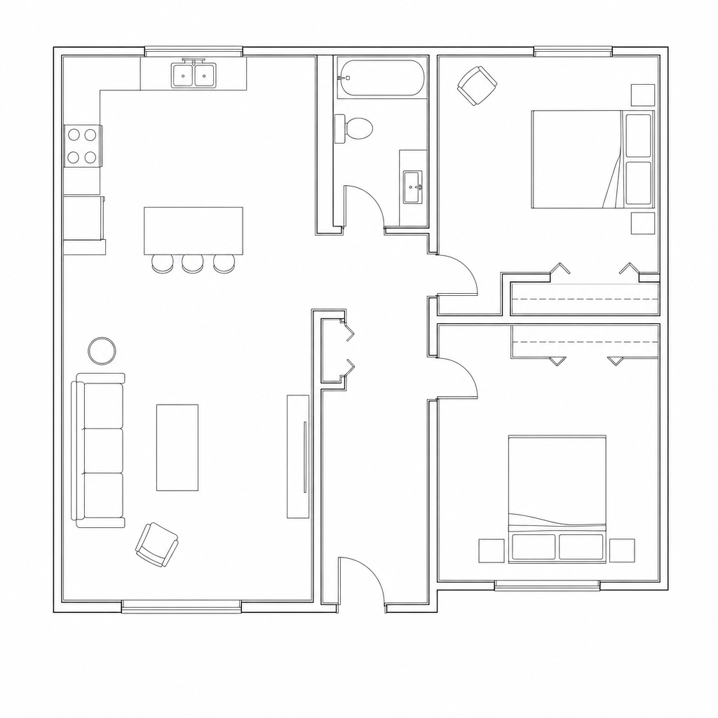 Strichzeichnung: Grundriss einer Wohnung mit eingezeichneten Möbeln (KI-Illustration)