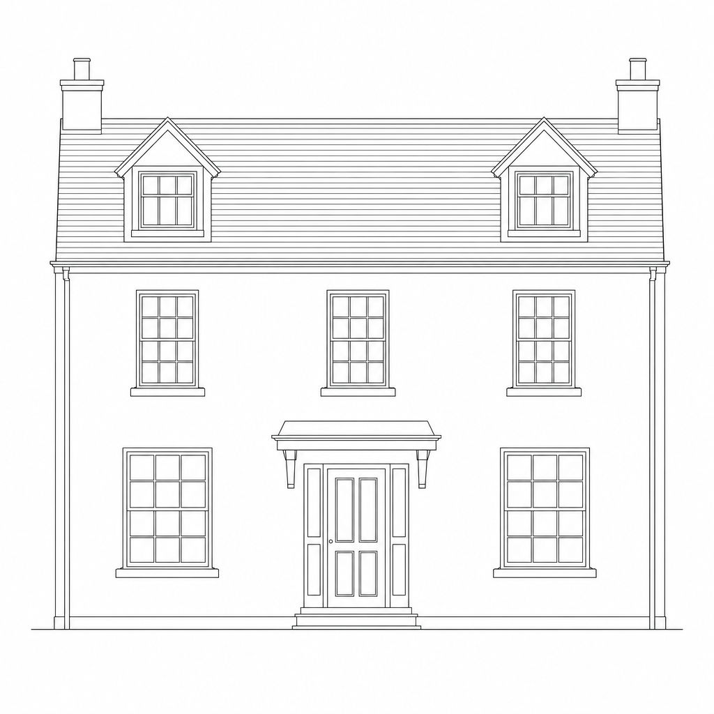 Strichzeichnung: Ansicht eines zweigeschossigen Wohnhauses mit Satteldach und Gauben (KI-Illustration)