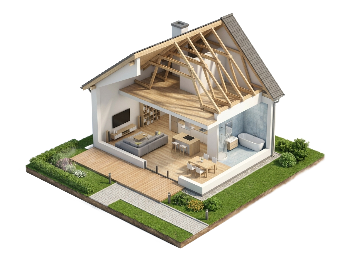Querschnitt eines Hauses mit den Gewerken von Dakel Handwerkservice