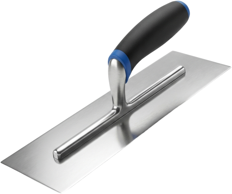 Edelstahl-Glättkelle mit blauem Griff – Renovierung und Innenausbau von Dakel Handwerkservice